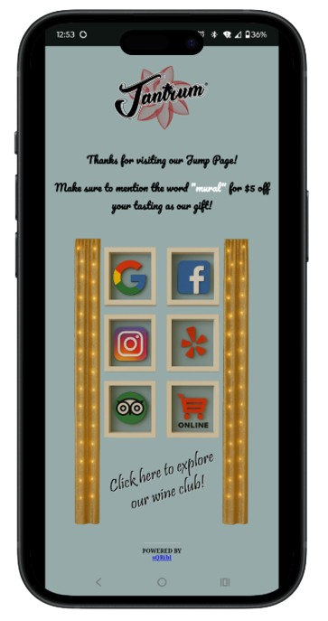 Example sQRibl Jump Page displayed on a mobile device, showing a custom-branded page with direct links to Facebook, Instagram, Yelp, and Google reviews